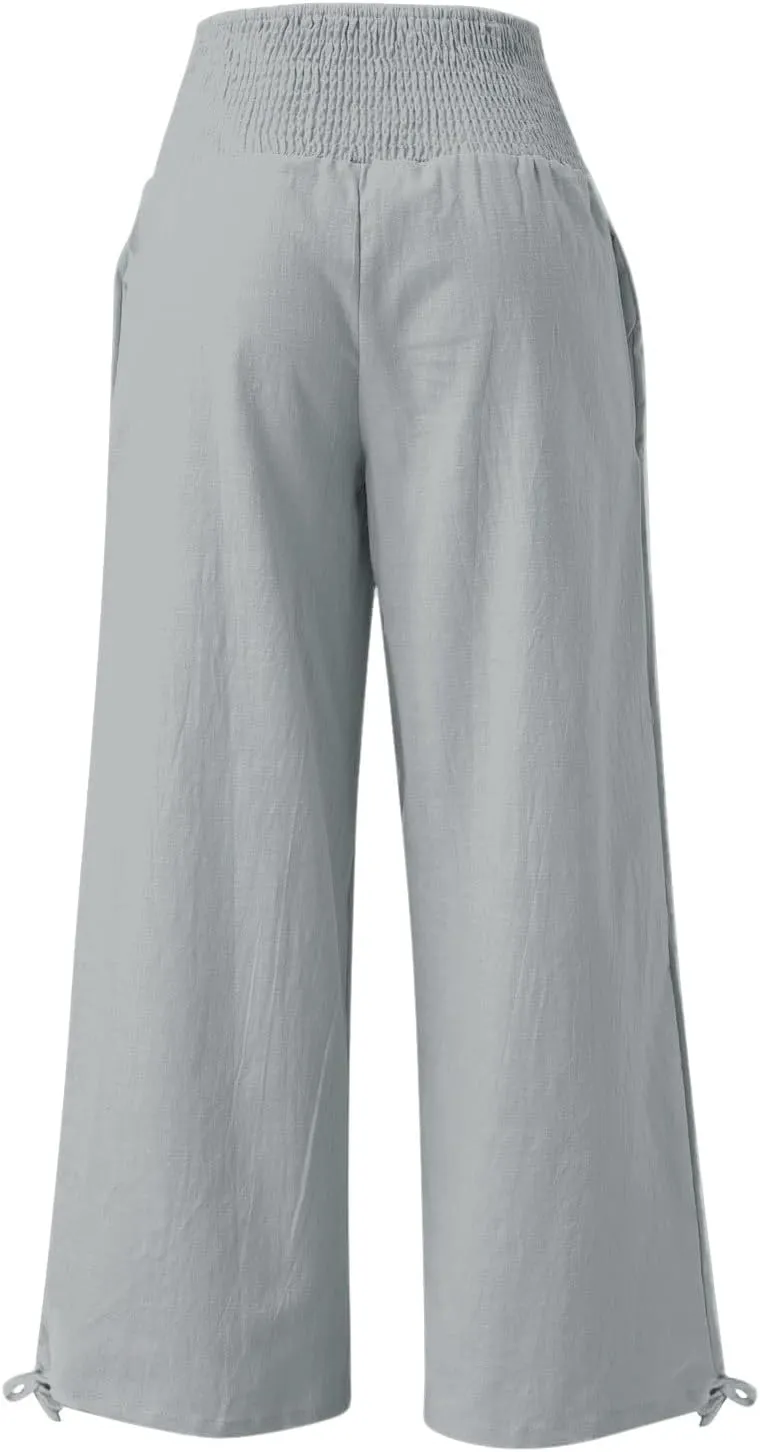 Womens High Waist Pockets Elastic Waist Solid Loose Pants Casual Long Trousers Women's Pants Casual Elastic Waist