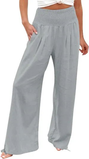 Womens High Waist Pockets Elastic Waist Solid Loose Pants Casual Long Trousers Women's Pants Casual Elastic Waist