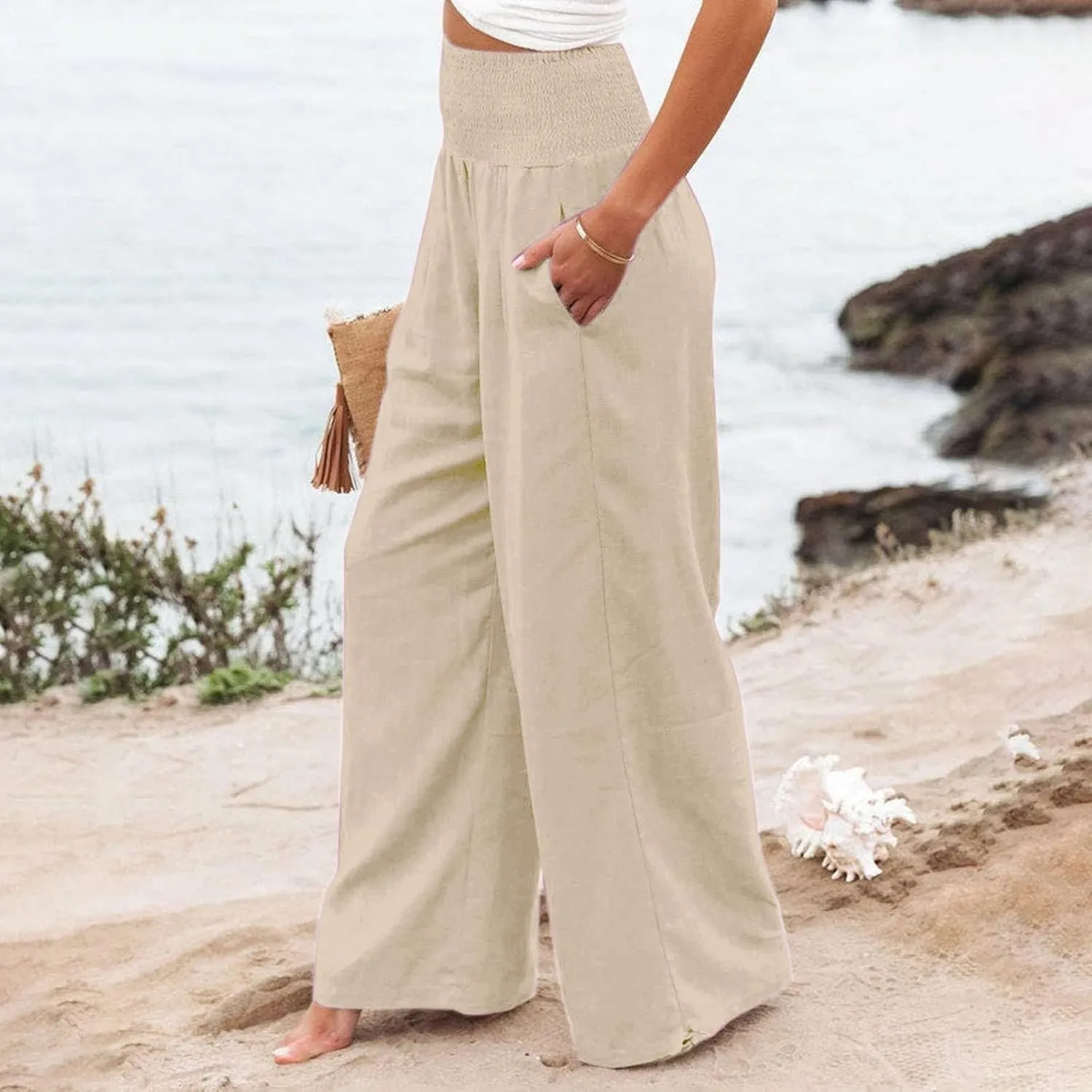 Womens High Waist Pockets Elastic Waist Solid Loose Pants Casual Long Trousers Women's Pants Casual Elastic Waist