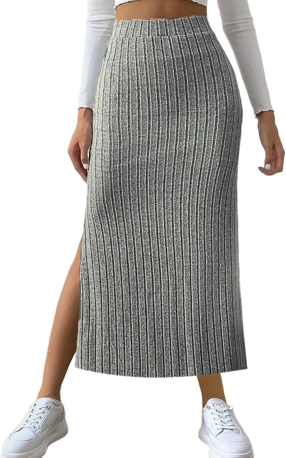 Women's Knitted Skirts Basic Fashion Elastic High Waisted Midi Long Bodycon Pencil Skirt Trendy Casual Spring Outfit