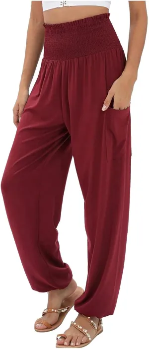 Women's Linen Blend Summer Letter Patched Pants Elastic Waisted Wide Leg Slim Fit Palazzo Lounge Pants