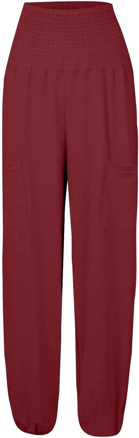 Women's Linen Blend Summer Letter Patched Pants Elastic Waisted Wide Leg Slim Fit Palazzo Lounge Pants