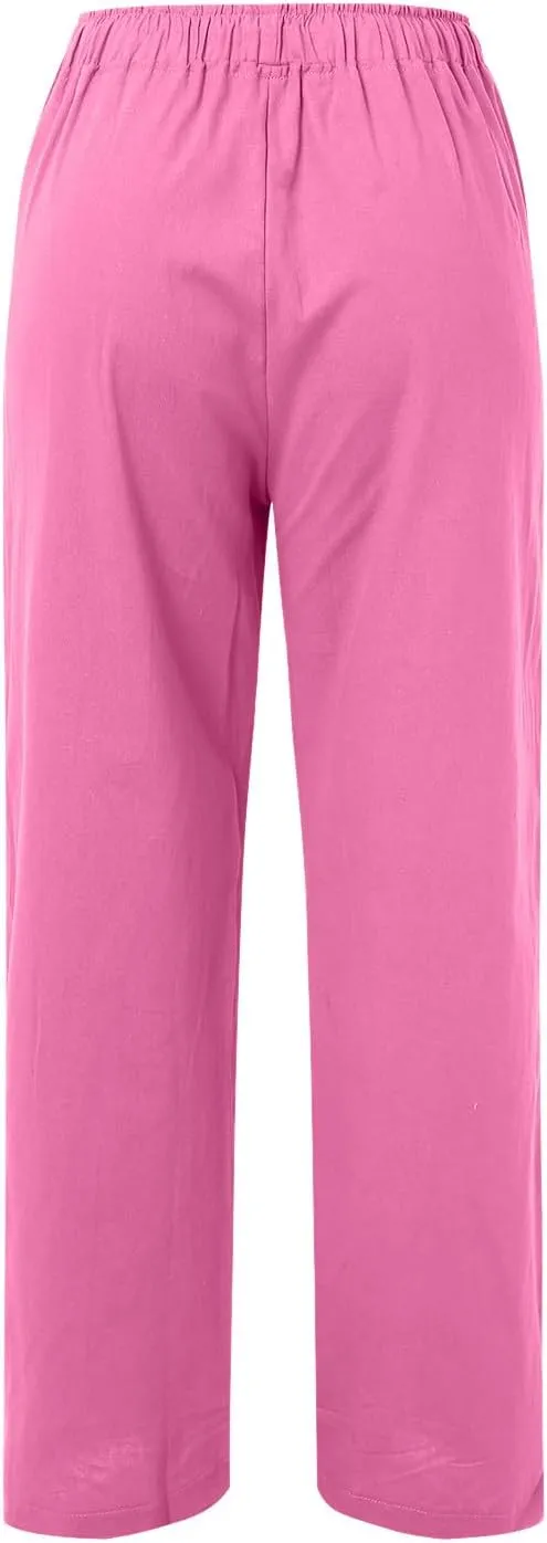Womens Linen Blend Summer Printed Pants High Waist Ankle Length Plus Size Trouser Business Work