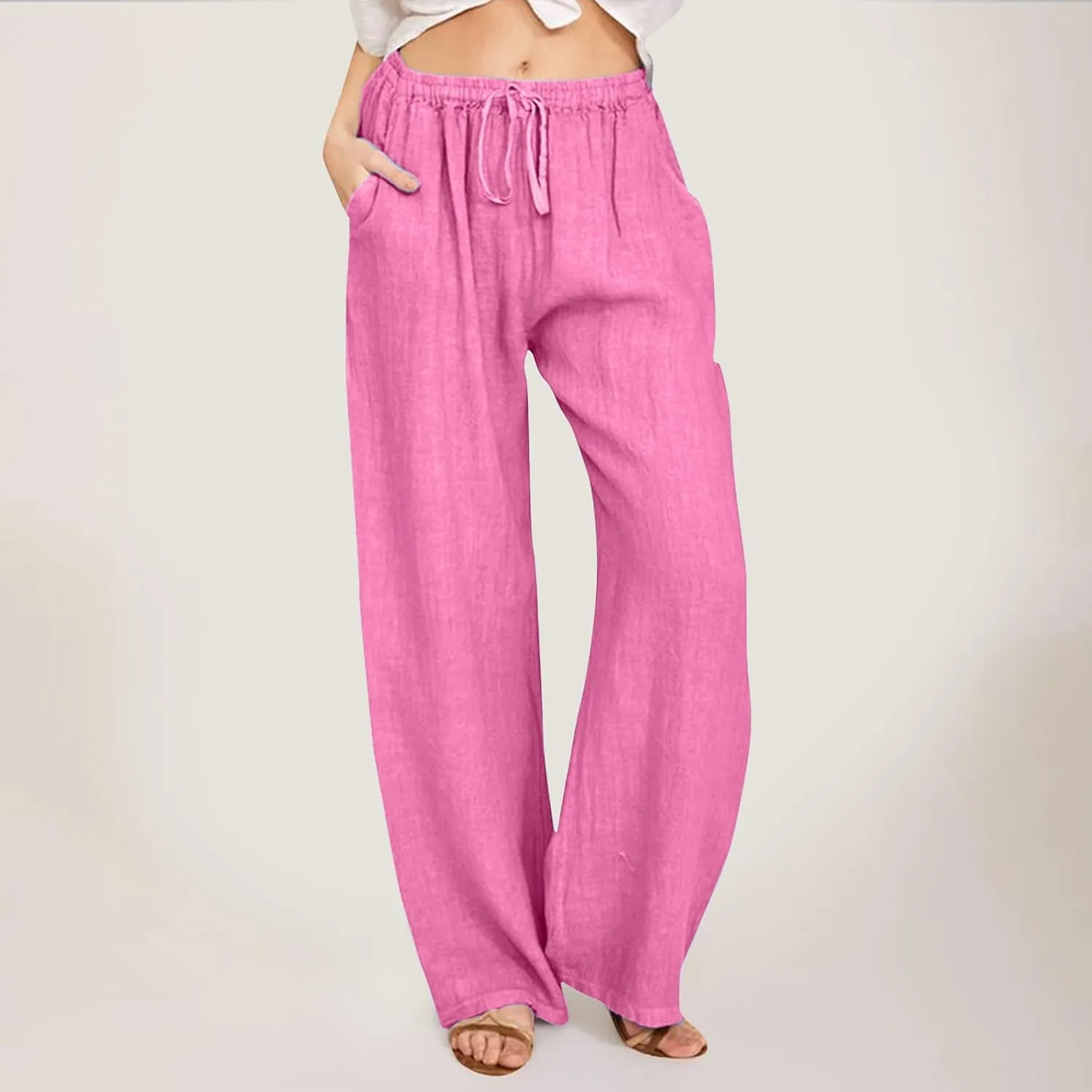 Womens Linen Blend Summer Printed Pants High Waist Ankle Length Plus Size Trouser Business Work