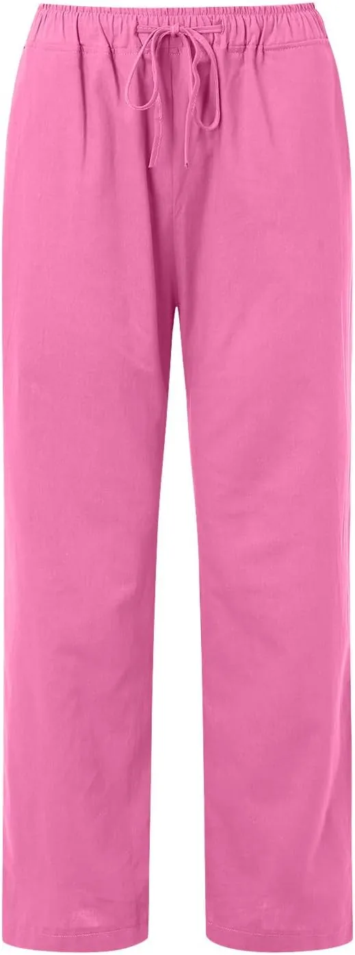 Womens Linen Blend Summer Printed Pants High Waist Ankle Length Plus Size Trouser Business Work