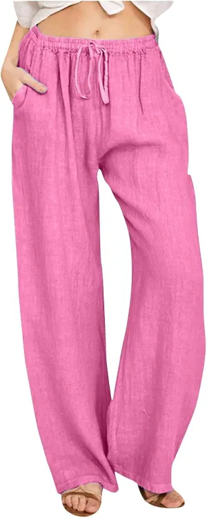 Womens Linen Blend Summer Printed Pants High Waist Ankle Length Plus Size Trouser Business Work