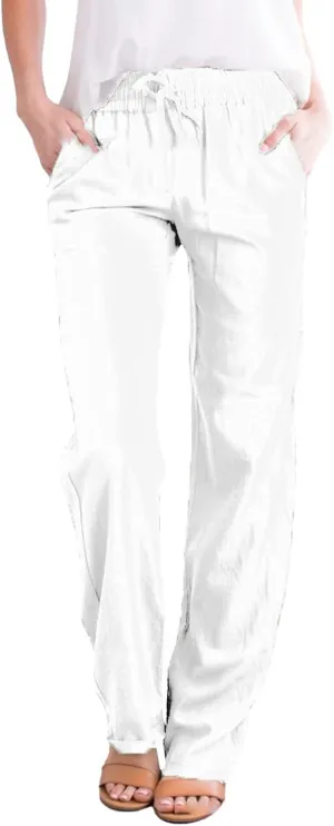 Womens Linen Blend Summer Striped Palazzo Lounge Pants High Waist Straight Plus Size Trousers Office