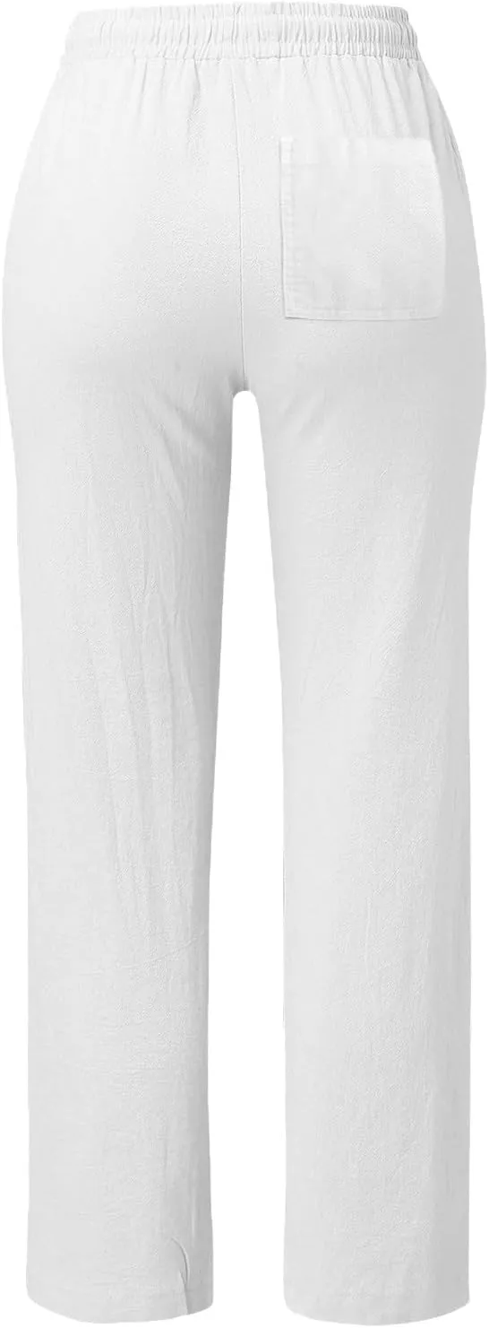 Womens Linen Blend Summer Striped Palazzo Lounge Pants High Waist Straight Plus Size Trousers Office