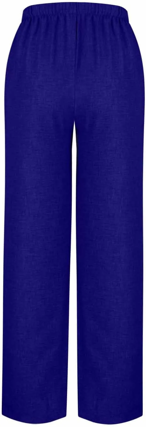 Women's Linen Blend Wide Leg Pants Tie Elastic Waist Casual Palazzo Trousers with Pockets Casual Beach Long Slacks