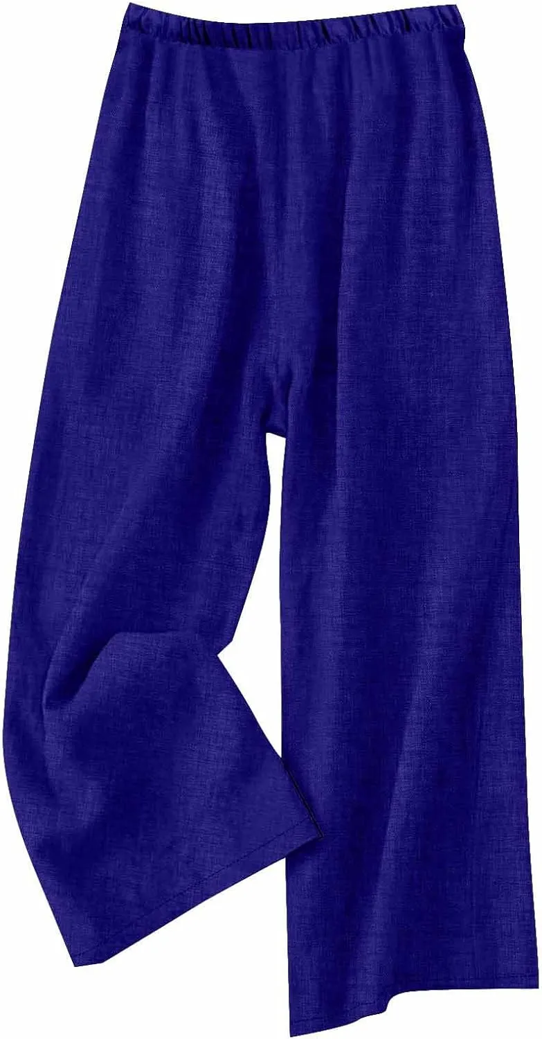 Women's Linen Blend Wide Leg Pants Tie Elastic Waist Casual Palazzo Trousers with Pockets Casual Beach Long Slacks