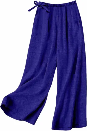Women's Linen Blend Wide Leg Pants Tie Elastic Waist Casual Palazzo Trousers with Pockets Casual Beach Long Slacks
