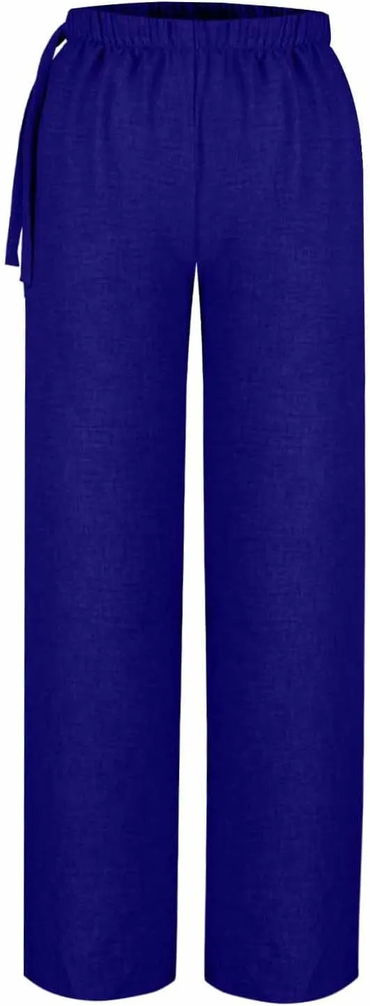 Women's Linen Blend Wide Leg Pants Tie Elastic Waist Casual Palazzo Trousers with Pockets Casual Beach Long Slacks