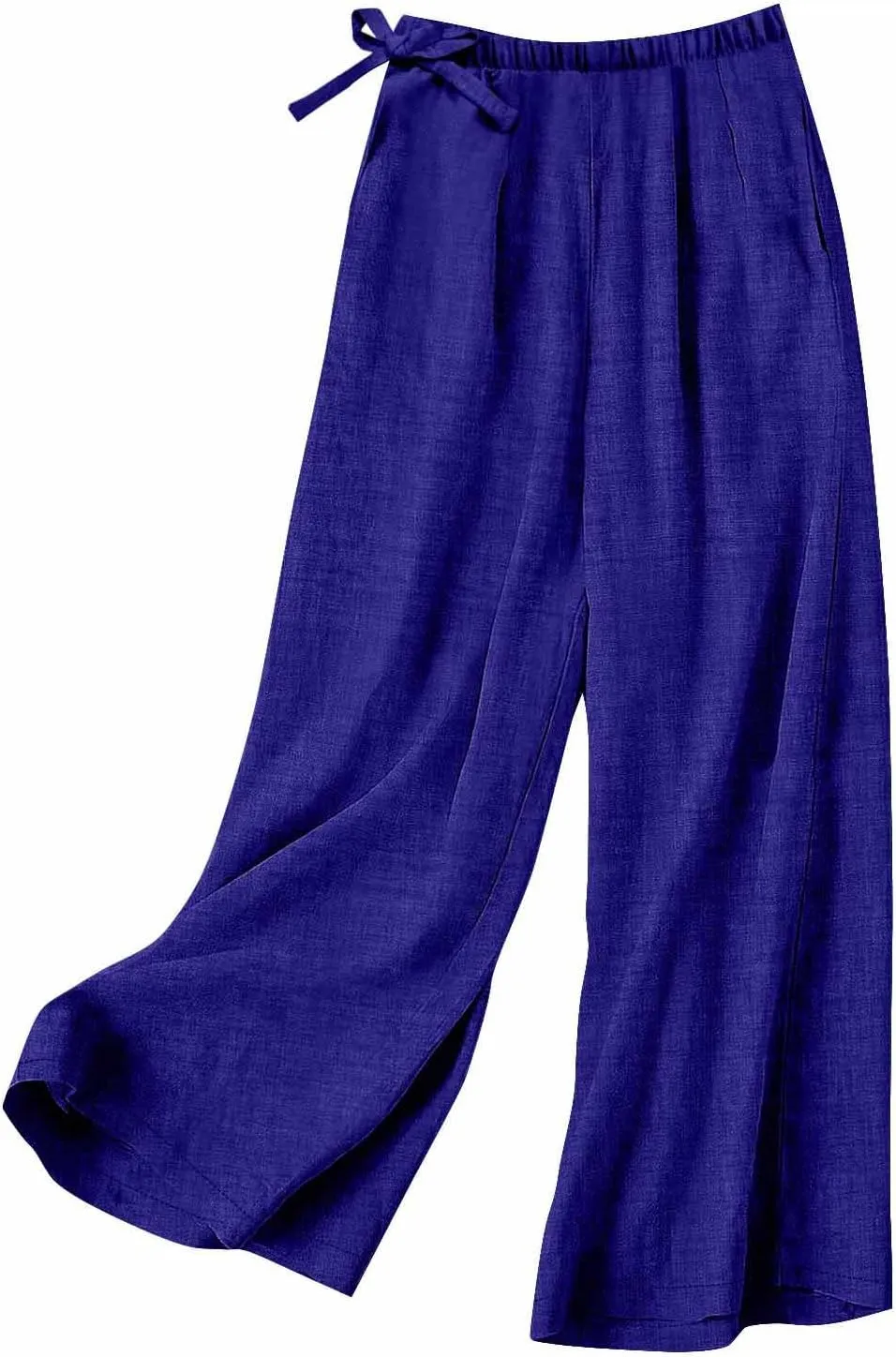 Women's Linen Blend Wide Leg Pants Tie Elastic Waist Casual Palazzo Trousers with Pockets Casual Beach Long Slacks