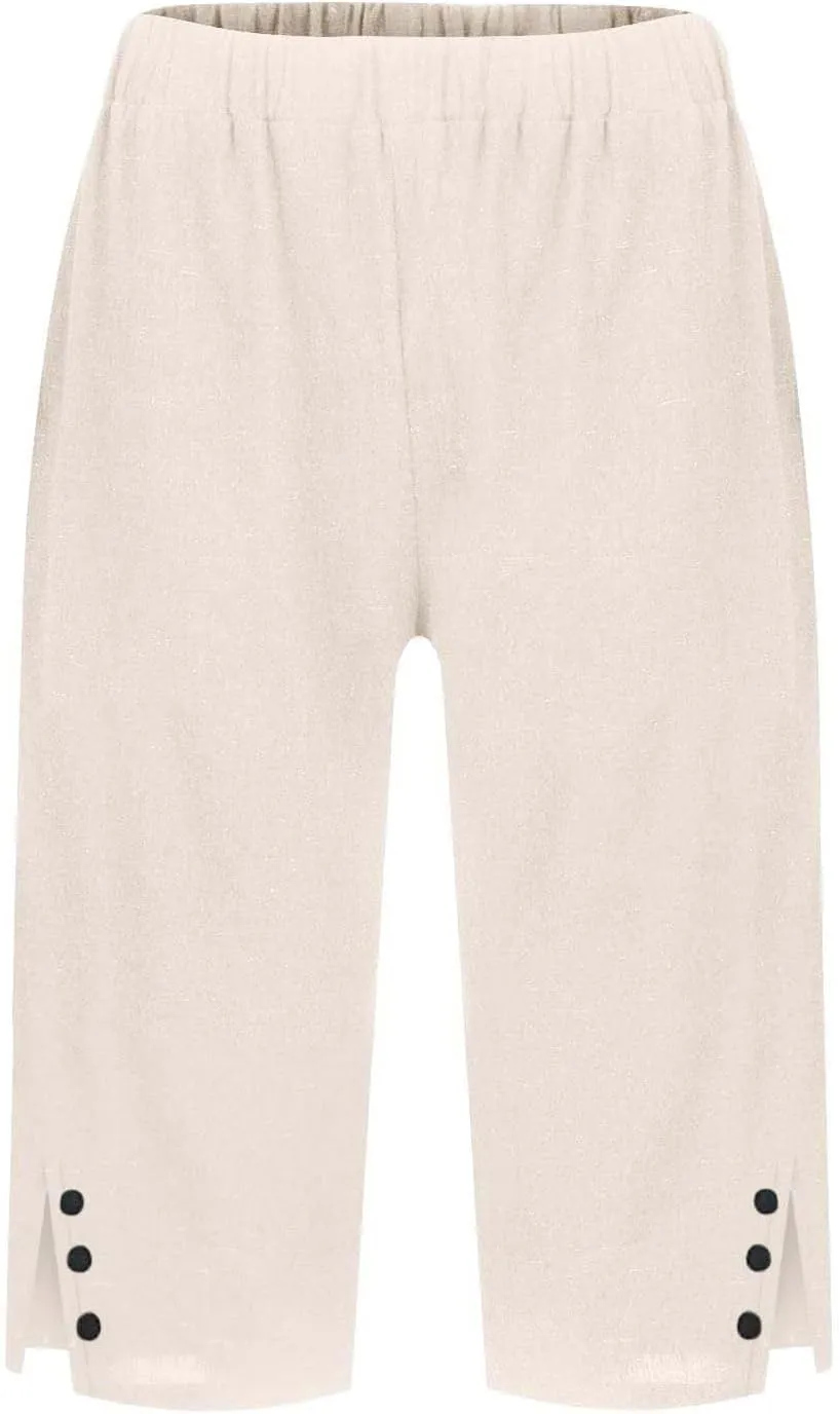 Women's Linen Capri Pants Knee Length Slit Button Casual Beach Shorts Summer Straight Leg Trousers with Pockets
