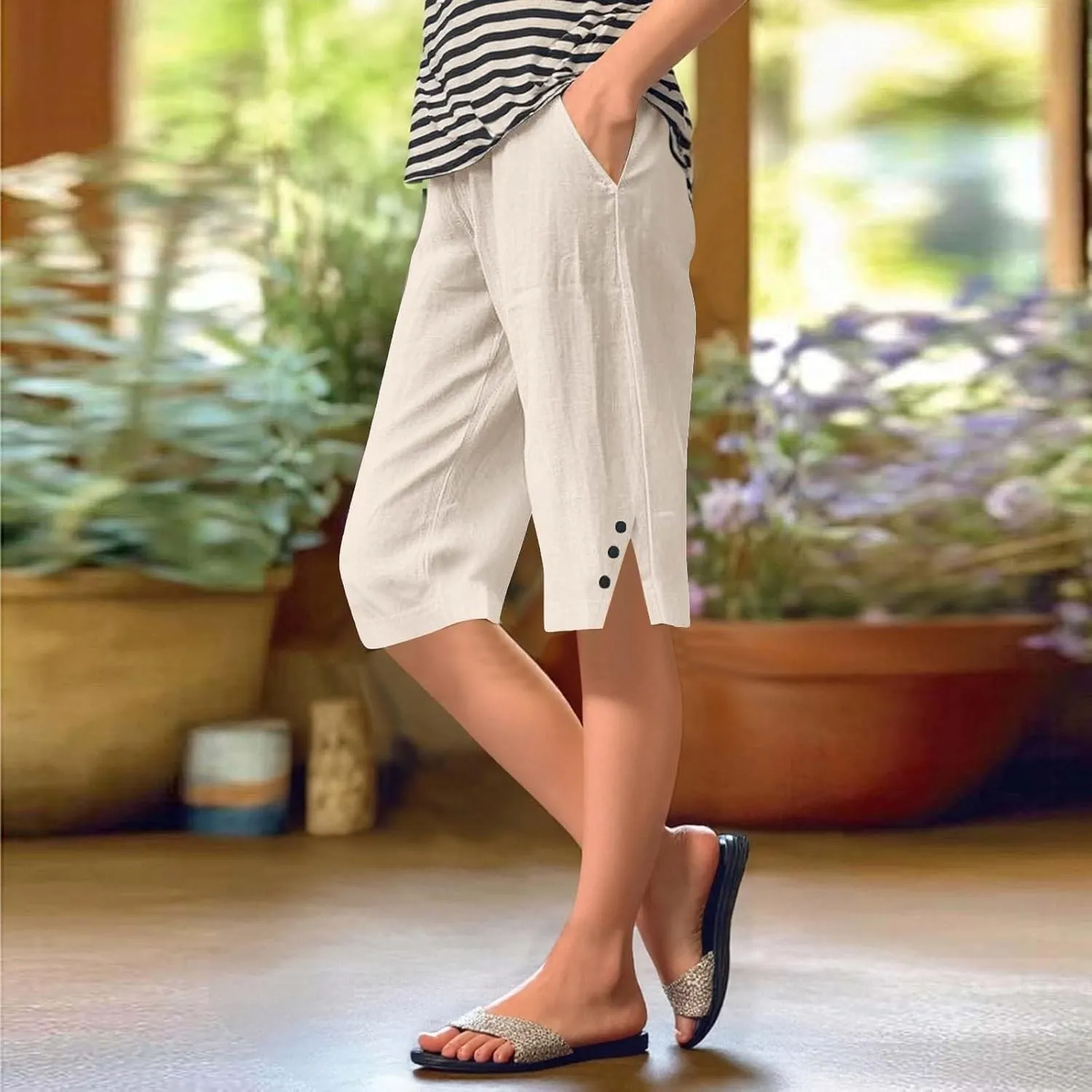 Women's Linen Capri Pants Knee Length Slit Button Casual Beach Shorts Summer Straight Leg Trousers with Pockets