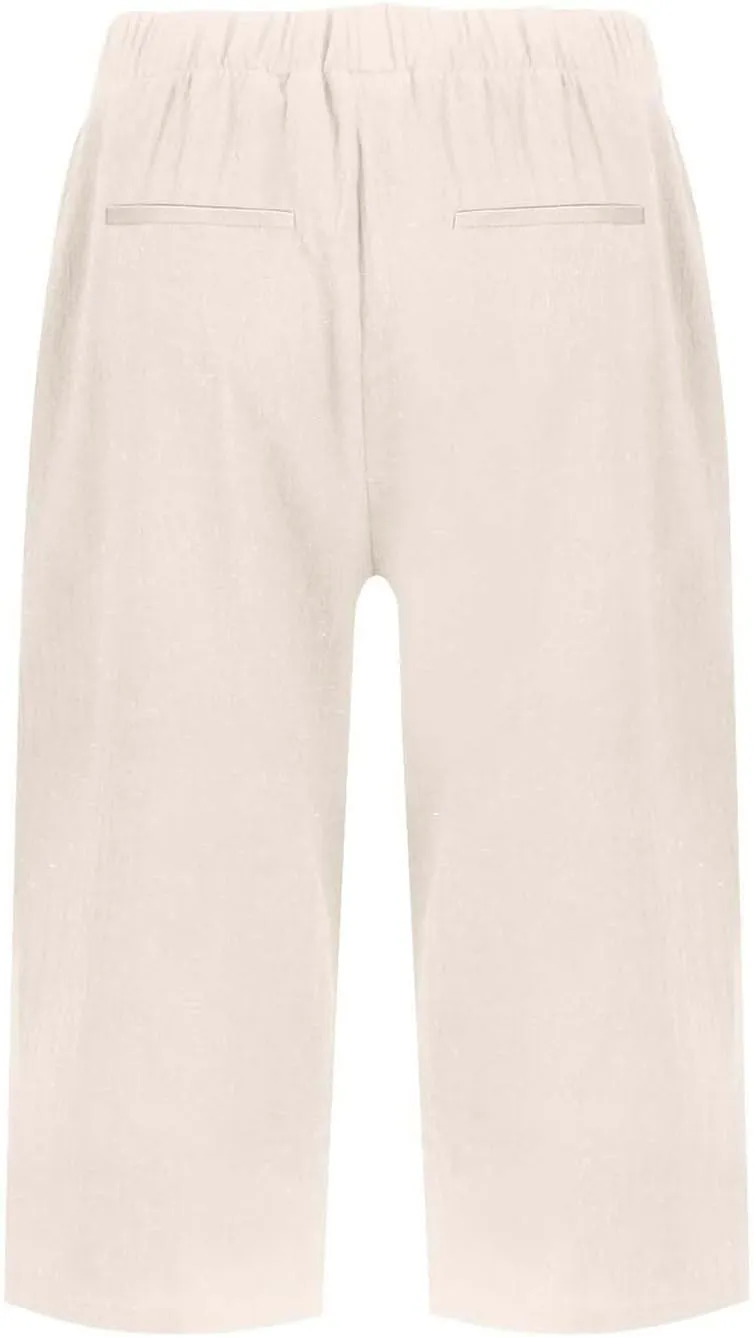 Women's Linen Capri Pants Knee Length Slit Button Casual Beach Shorts Summer Straight Leg Trousers with Pockets