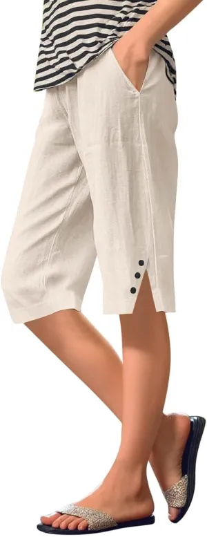 Women's Linen Capri Pants Knee Length Slit Button Casual Beach Shorts Summer Straight Leg Trousers with Pockets