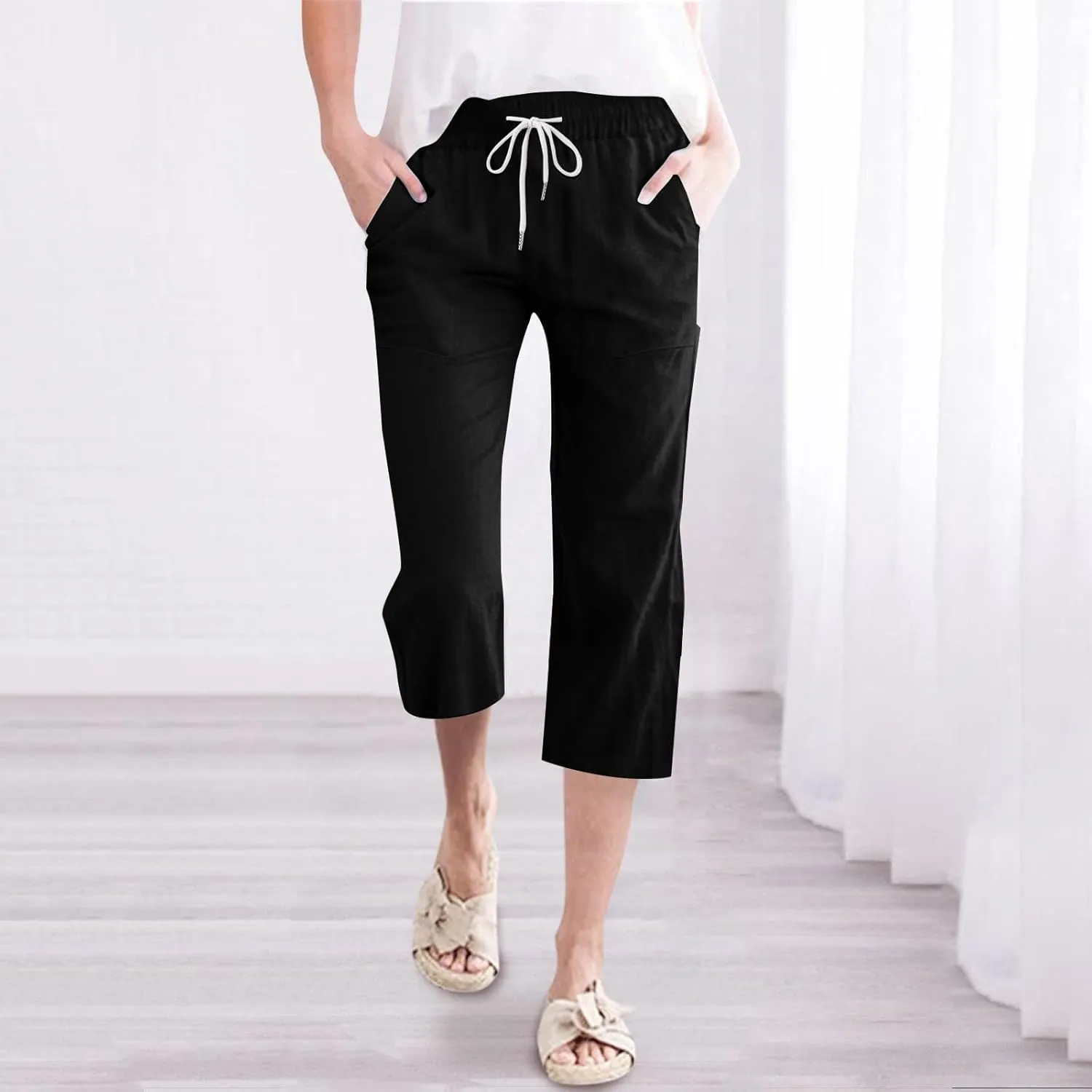 Womens Linen Capris Pants Summer Casual Drawstring Pants High Waisted Comfy Lightweight Loose Trousers with Pockets