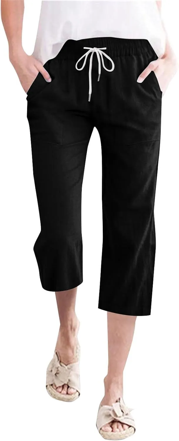 Womens Linen Capris Pants Summer Casual Drawstring Pants High Waisted Comfy Lightweight Loose Trousers with Pockets