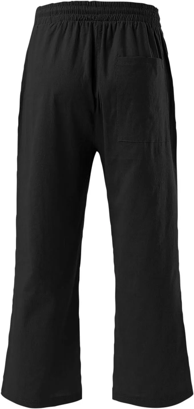 Womens Linen Capris Pants Summer Casual Drawstring Pants High Waisted Comfy Lightweight Loose Trousers with Pockets