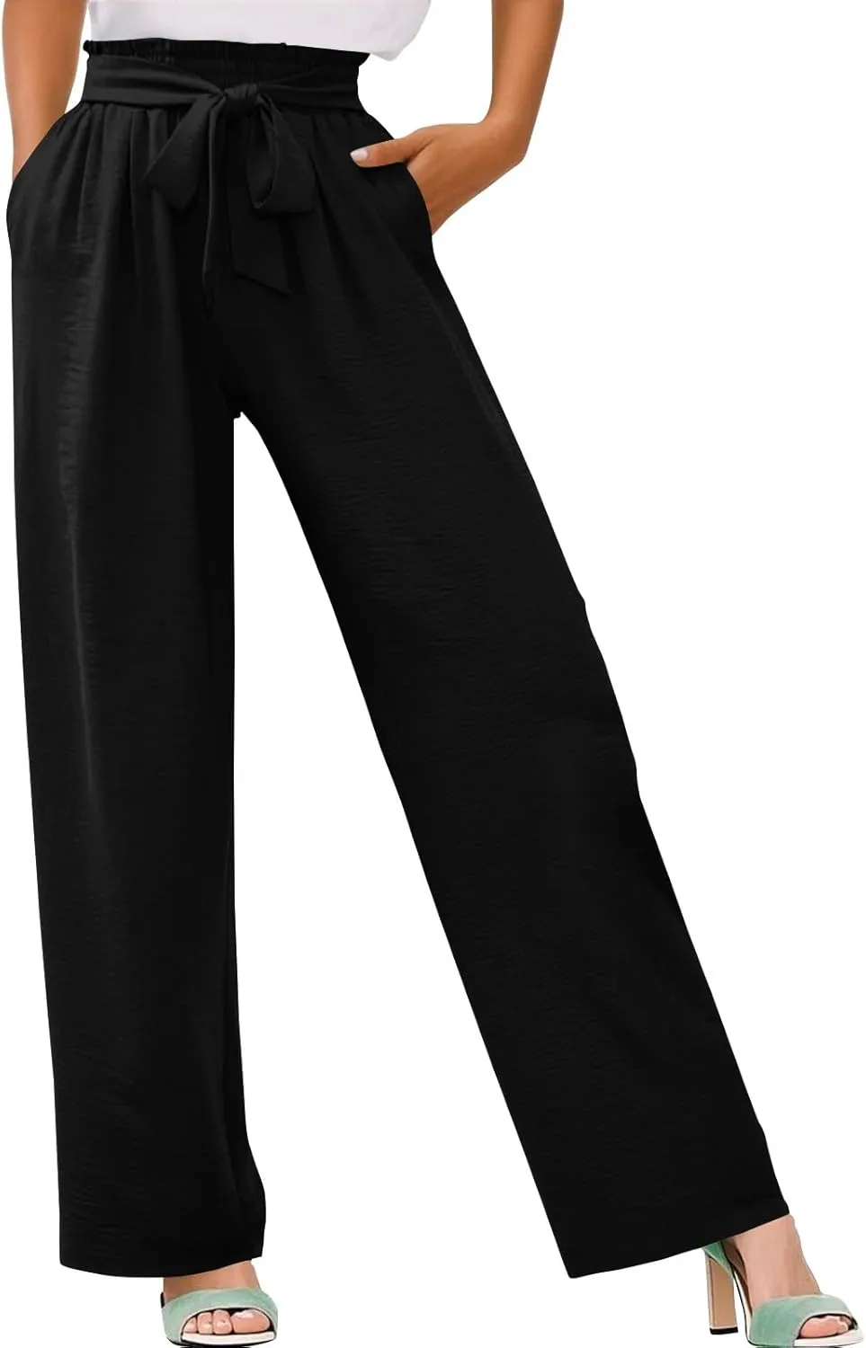 Women's Linen Cotton High Waist Straight Wide Leg Pants Adjustable Elastic Waist Palazzo Work Pants with Pockets