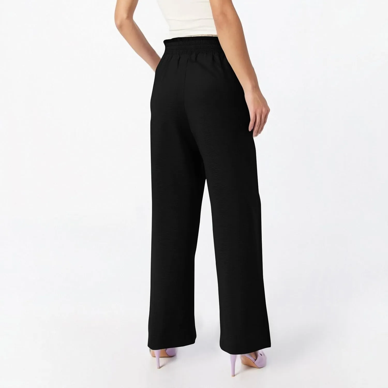 Women's Linen Cotton High Waist Straight Wide Leg Pants Adjustable Elastic Waist Palazzo Work Pants with Pockets