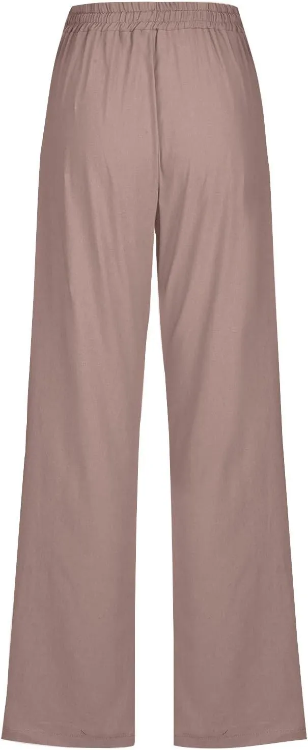 Womens Linen Cotton Solid Pants Drawstring Elastic Waisted Straight Leg Pant Summer Travel Casual Trousers