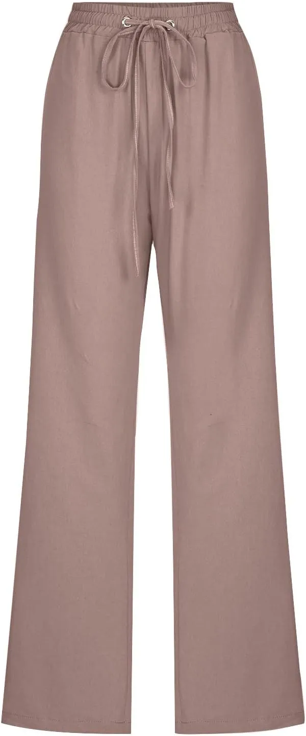 Womens Linen Cotton Solid Pants Drawstring Elastic Waisted Straight Leg Pant Summer Travel Casual Trousers