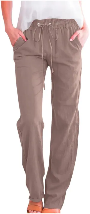Womens Linen Cotton Solid Pants Drawstring Elastic Waisted Straight Leg Pant Summer Travel Casual Trousers