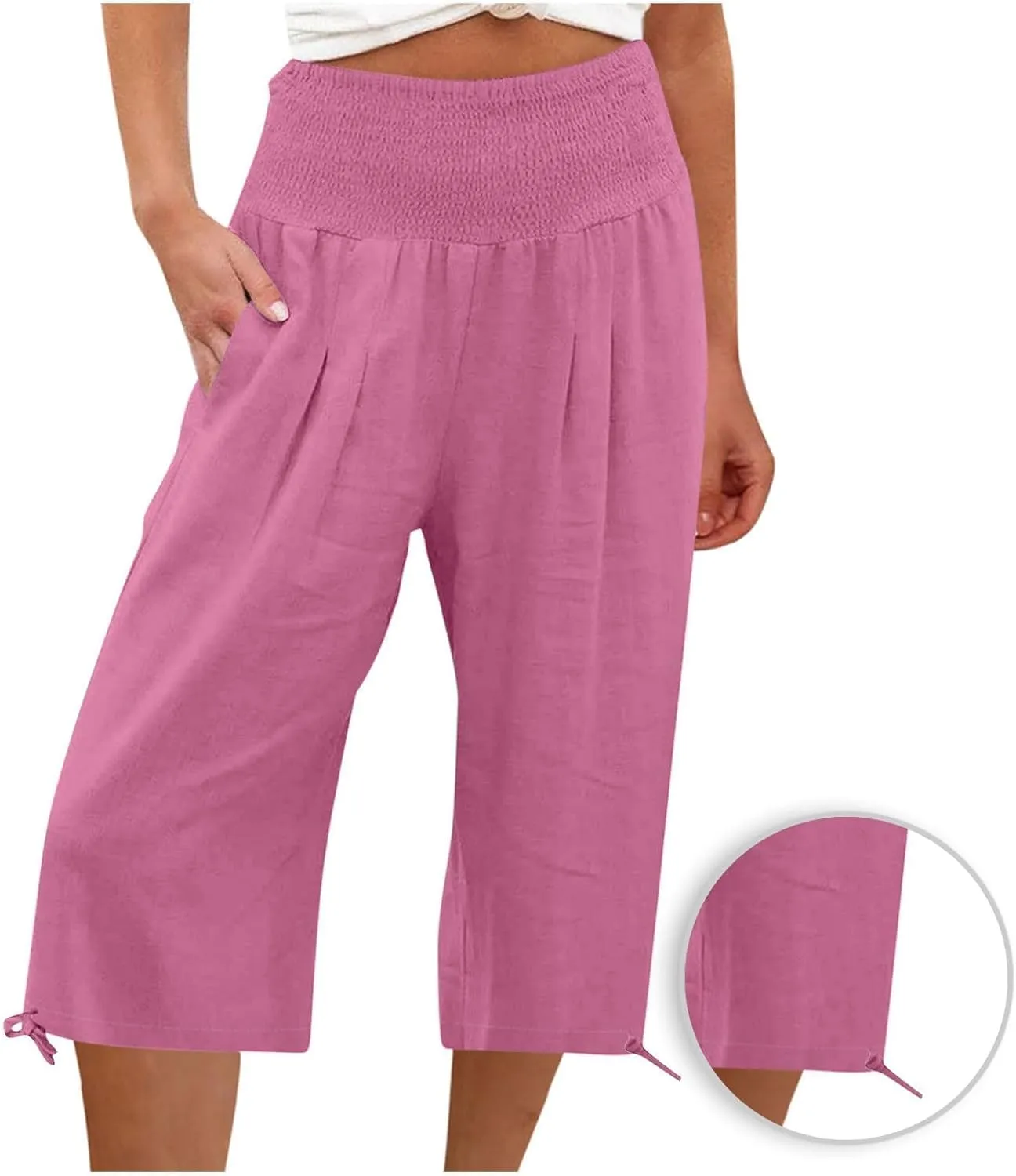 Women's Linen Palazzo Capris Loose 2025 Wide Leg Elastic High Waisted Straight Leg Pant Pocketed Flared Trousers