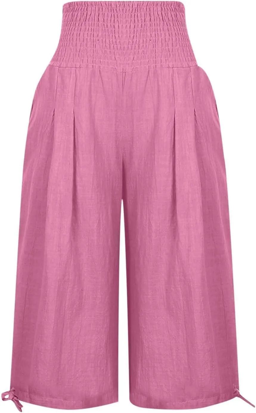 Women's Linen Palazzo Capris Loose 2025 Wide Leg Elastic High Waisted Straight Leg Pant Pocketed Flared Trousers