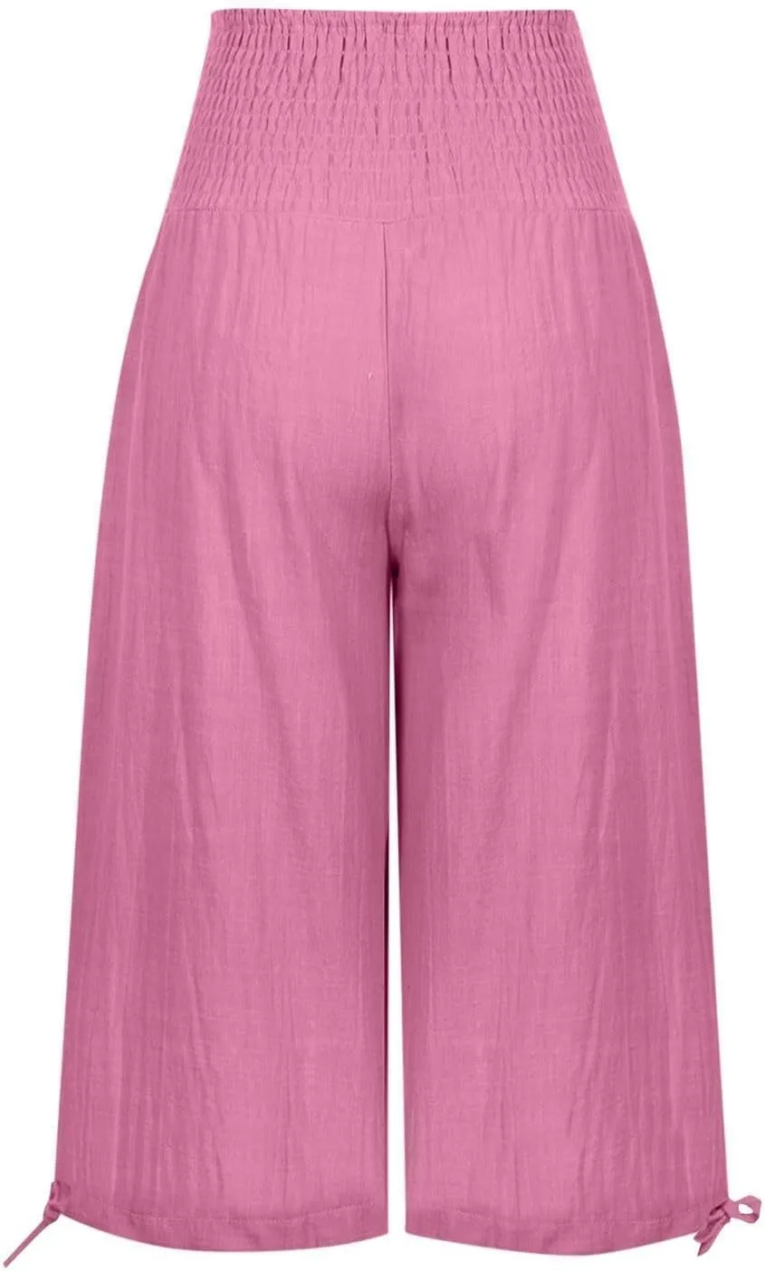Women's Linen Palazzo Capris Loose 2025 Wide Leg Elastic High Waisted Straight Leg Pant Pocketed Flared Trousers