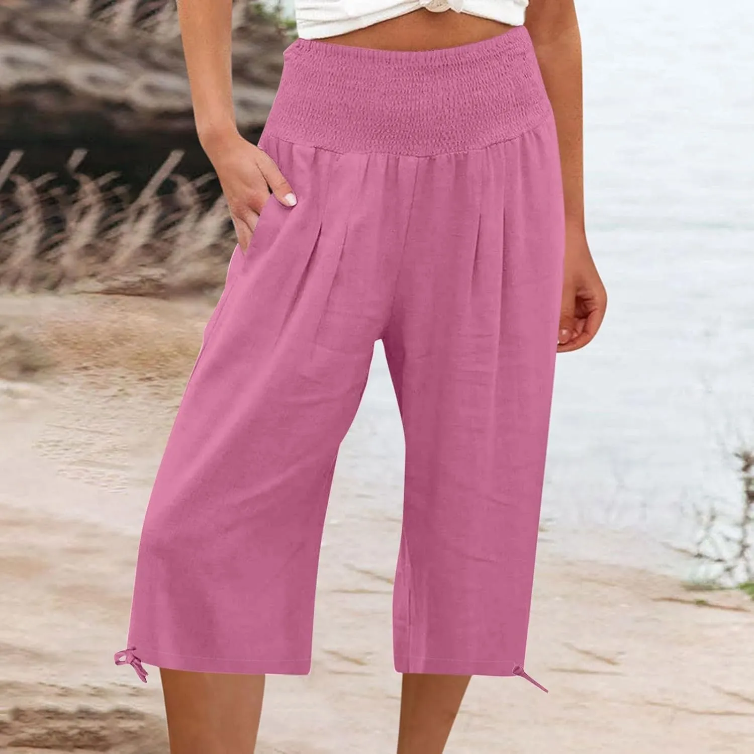 Women's Linen Palazzo Capris Loose 2025 Wide Leg Elastic High Waisted Straight Leg Pant Pocketed Flared Trousers