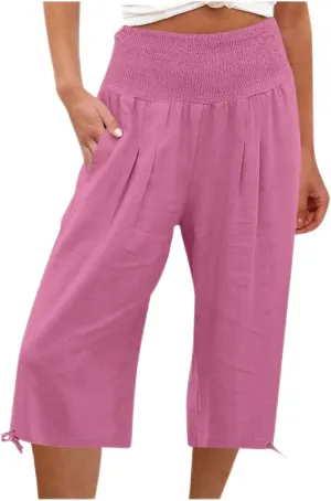 Women's Linen Palazzo Capris Loose 2025 Wide Leg Elastic High Waisted Straight Leg Pant Pocketed Flared Trousers