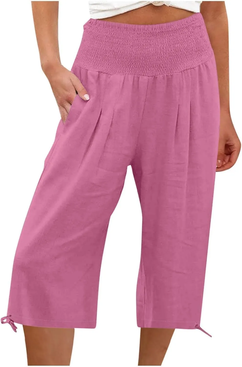 Women's Linen Palazzo Capris Loose 2025 Wide Leg Elastic High Waisted Straight Leg Pant Pocketed Flared Trousers