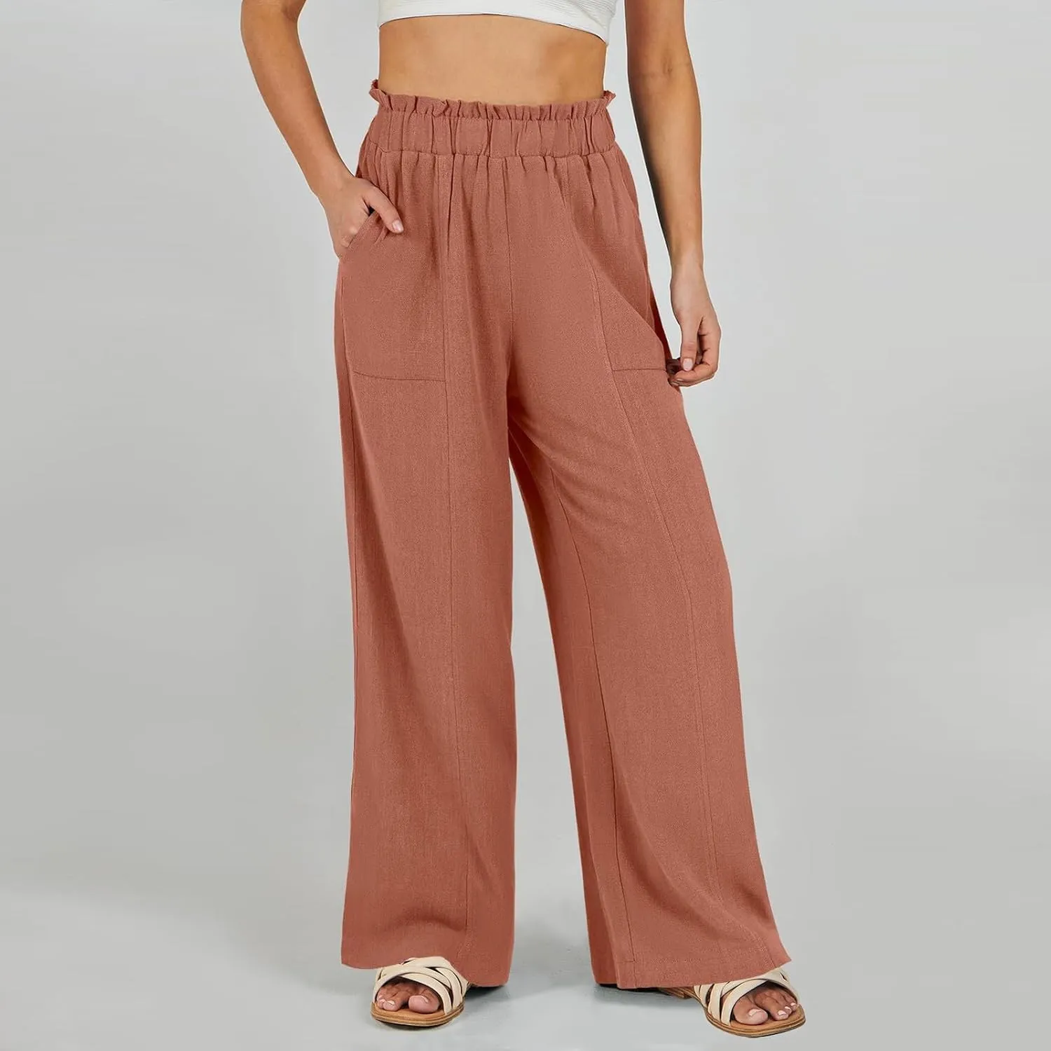 Women's Linen Palazzo Pant 2025 Summer Wide Leg High Waist Casual Lounge Pant Beach Vacation Trousers with Pocket