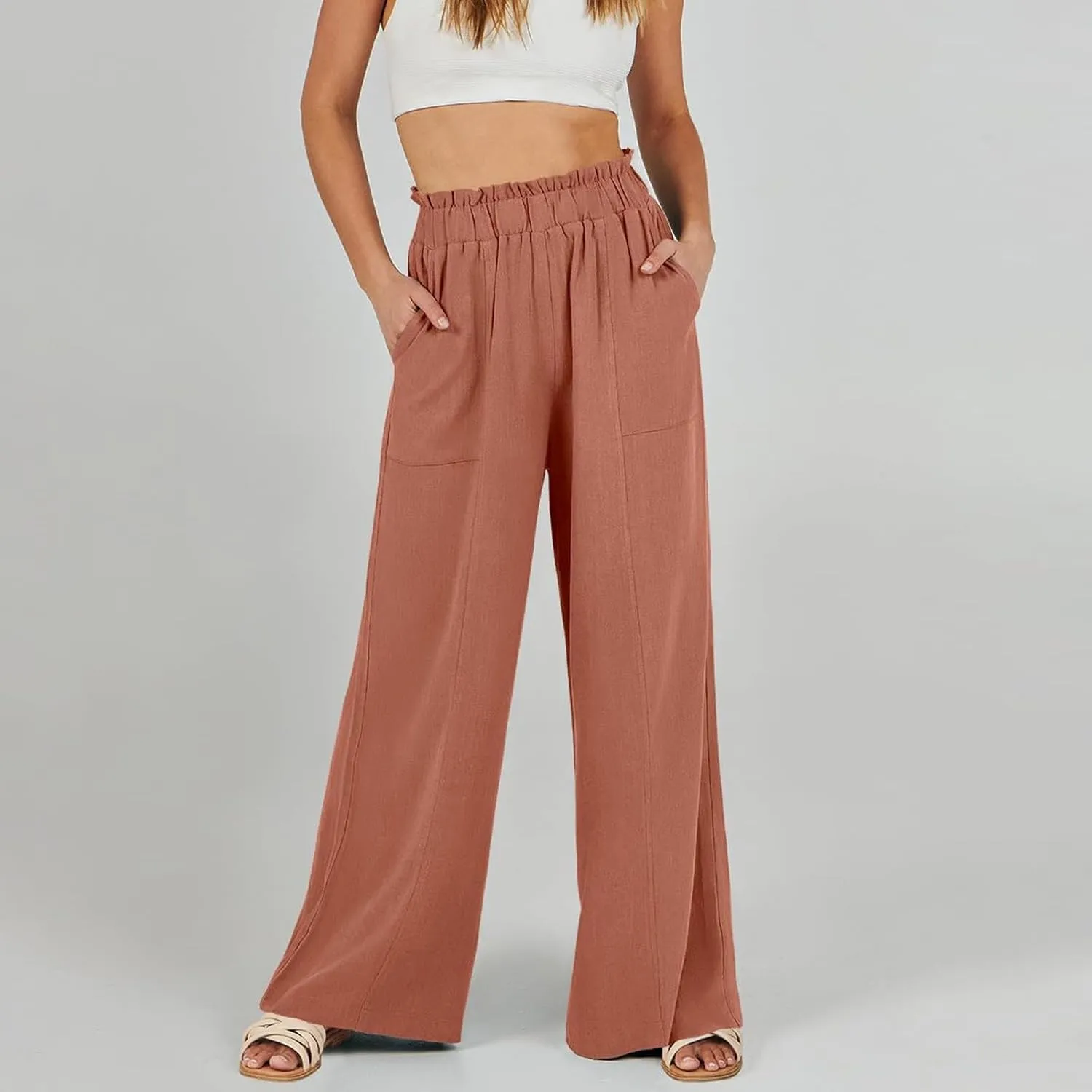 Women's Linen Palazzo Pant 2025 Summer Wide Leg High Waist Casual Lounge Pant Beach Vacation Trousers with Pocket