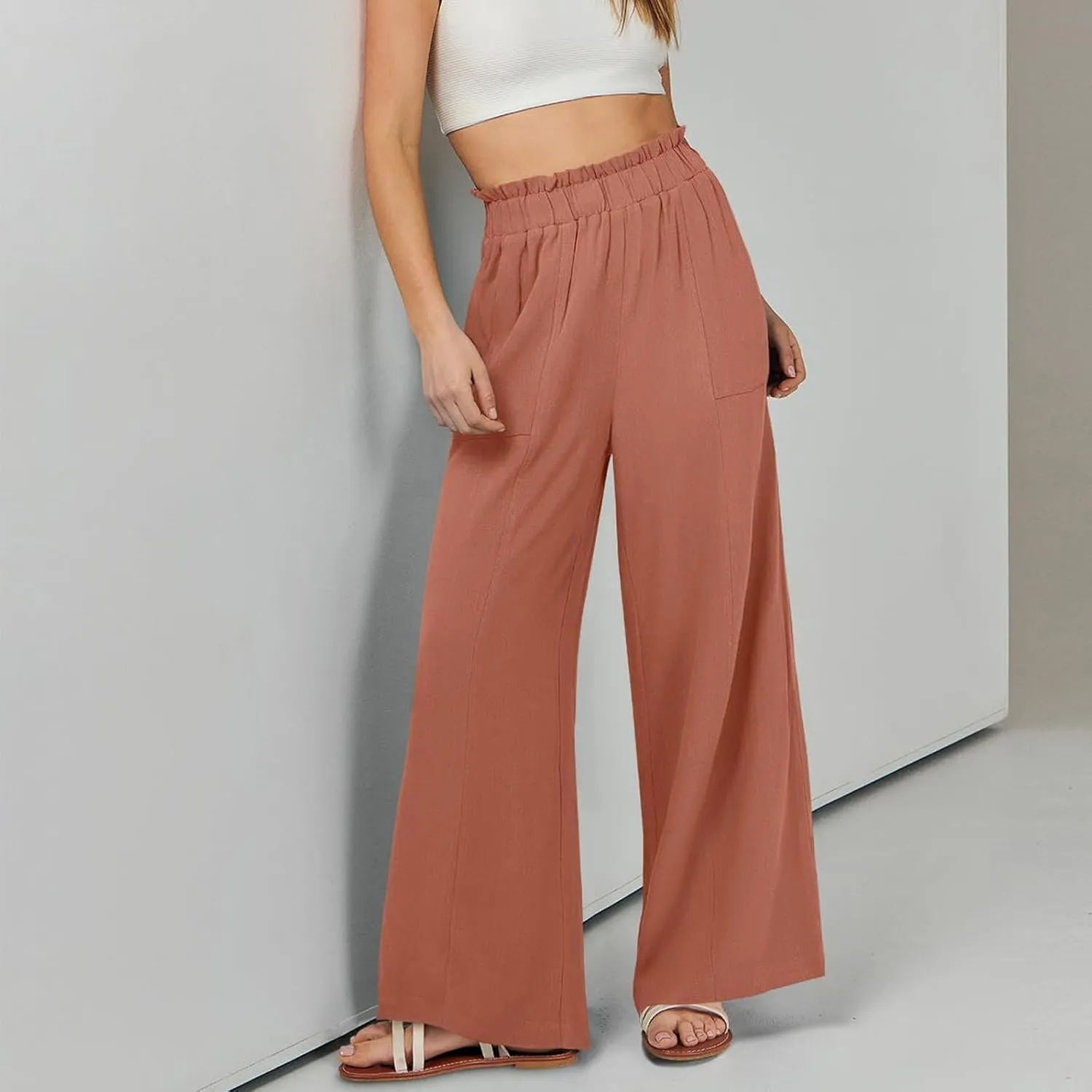 Women's Linen Palazzo Pant 2025 Summer Wide Leg High Waist Casual Lounge Pant Beach Vacation Trousers with Pocket