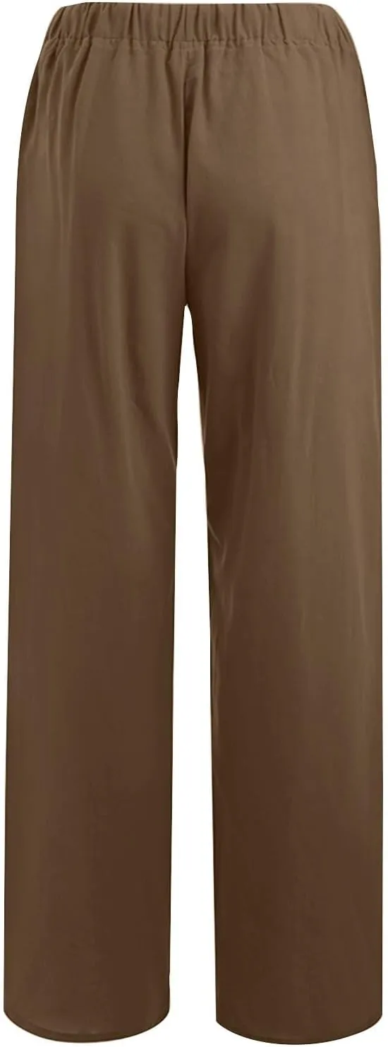 Women's Linen Palazzo Pants Casual Drawstring Elastic Waist Trousers Loose Fit Cotton Blend Loose Athletic Pants