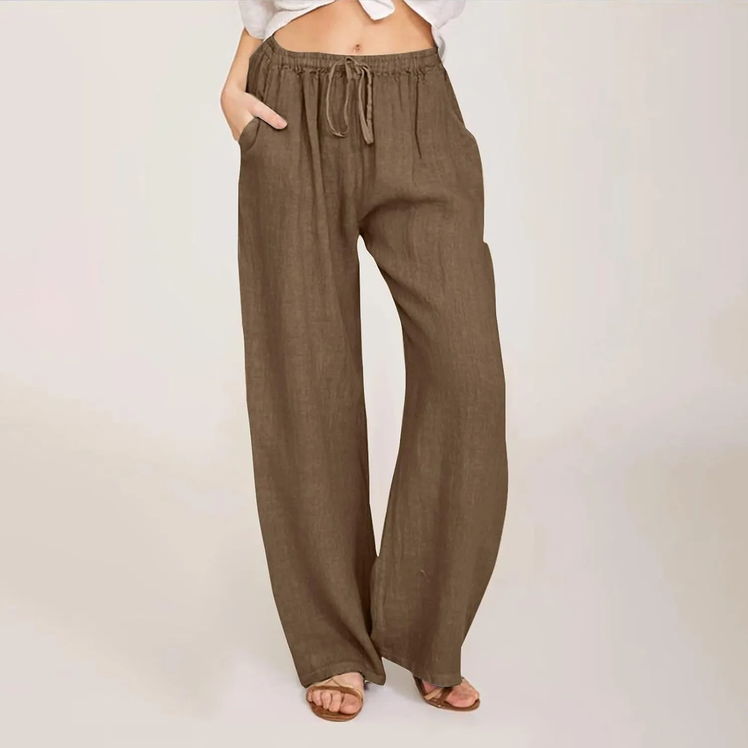 Women's Linen Palazzo Pants Casual Drawstring Elastic Waist Trousers Loose Fit Cotton Blend Loose Athletic Pants