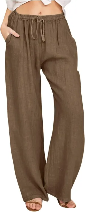 Women's Linen Palazzo Pants Casual Drawstring Elastic Waist Trousers Loose Fit Cotton Blend Loose Athletic Pants