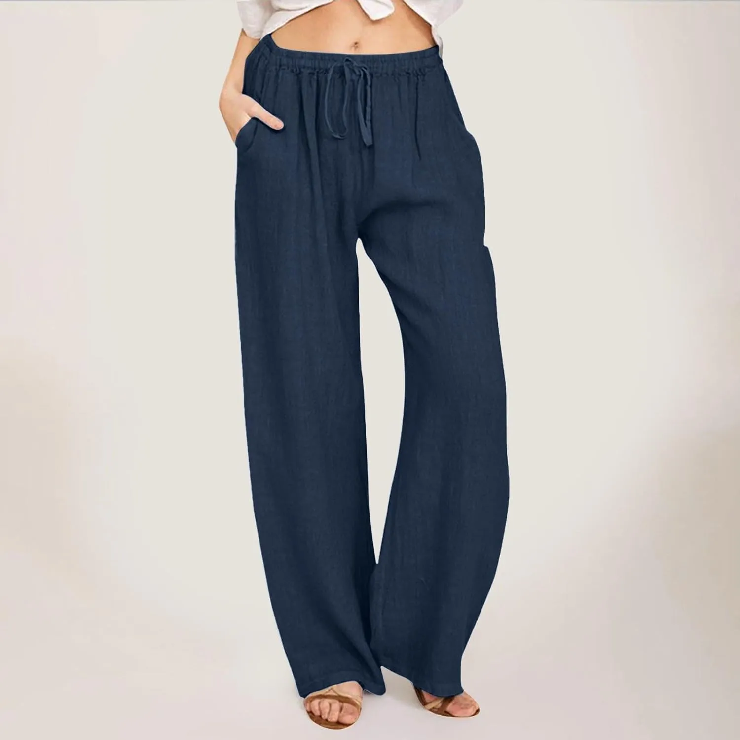Women's Linen Pants Baggy Casual Summer Solid Color Boho Plus Size High Waist Linen Pants Elastic Waist Streetwear Trousers