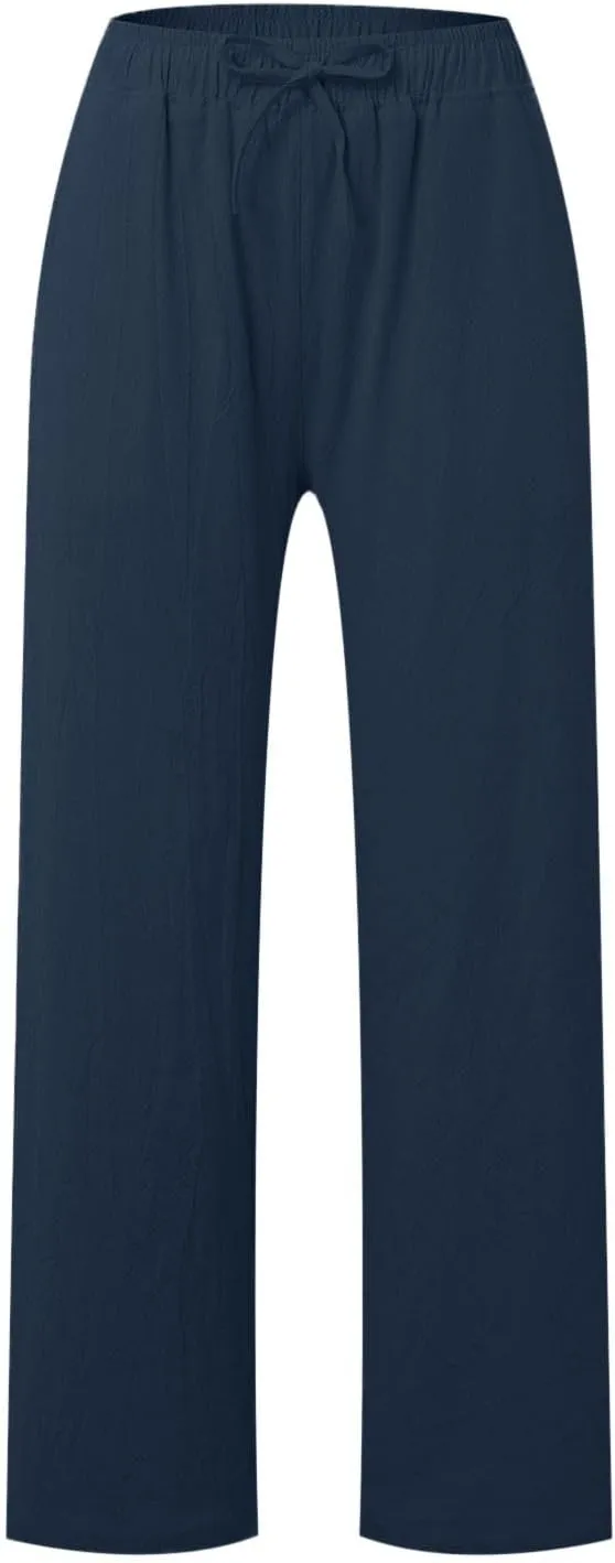Women's Linen Pants Baggy Casual Summer Solid Color Boho Plus Size High Waist Linen Pants Elastic Waist Streetwear Trousers