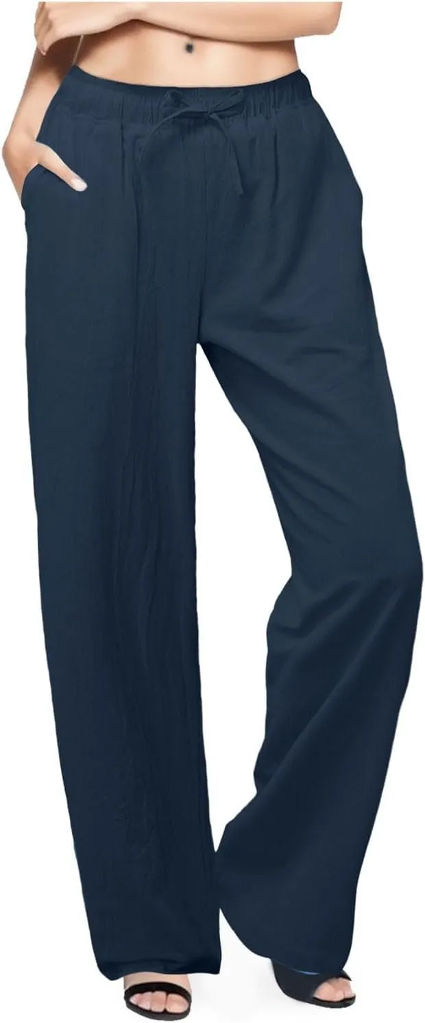 Women's Linen Pants Baggy Casual Summer Solid Color Boho Plus Size High Waist Linen Pants Elastic Waist Streetwear Trousers
