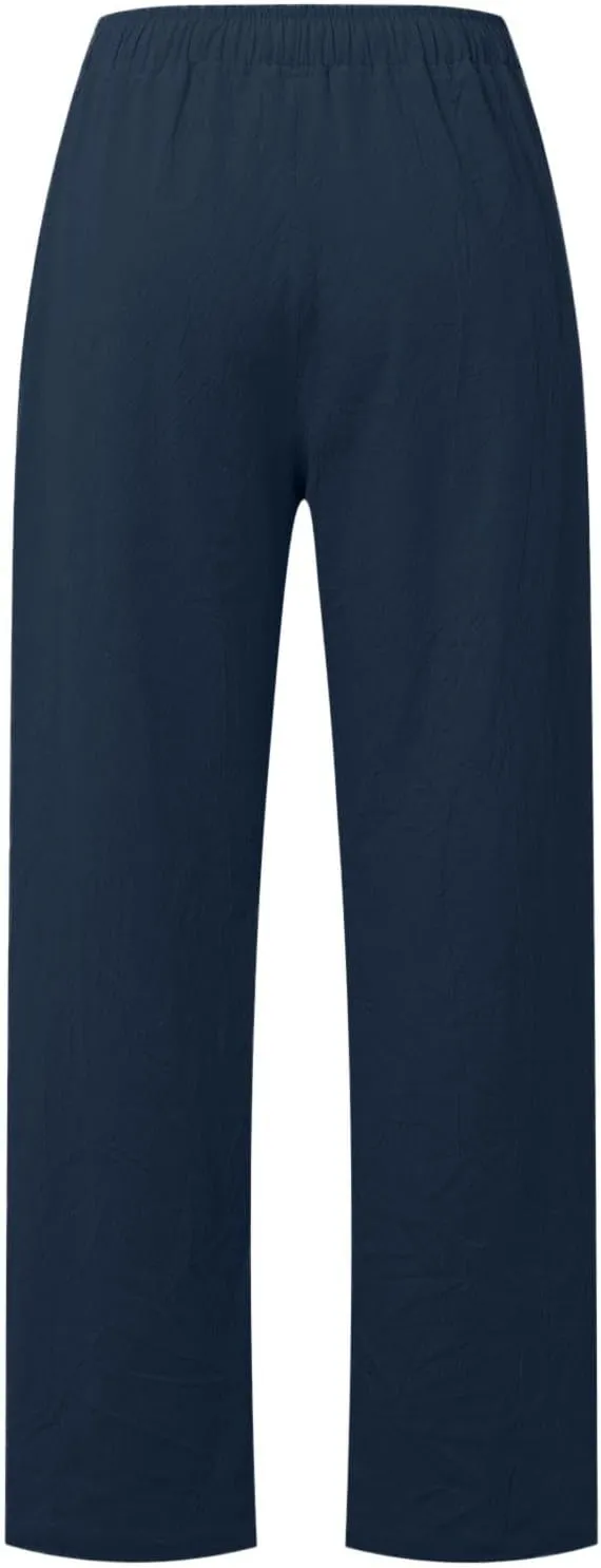 Women's Linen Pants Baggy Casual Summer Solid Color Boho Plus Size High Waist Linen Pants Elastic Waist Streetwear Trousers