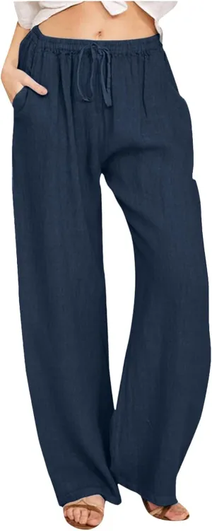 Women's Linen Pants Baggy Casual Summer Solid Color Boho Plus Size High Waist Linen Pants Elastic Waist Streetwear Trousers