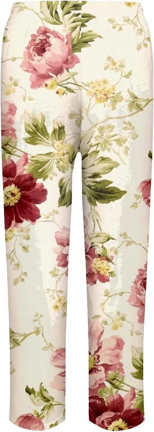 Women's Linen Pants Casual Vintage Tropical Floral Print Elastic High Waist Drawstring Trousers Summer Beach Pants