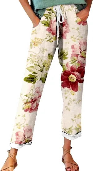 Women's Linen Pants Casual Vintage Tropical Floral Print Elastic High Waist Drawstring Trousers Summer Beach Pants
