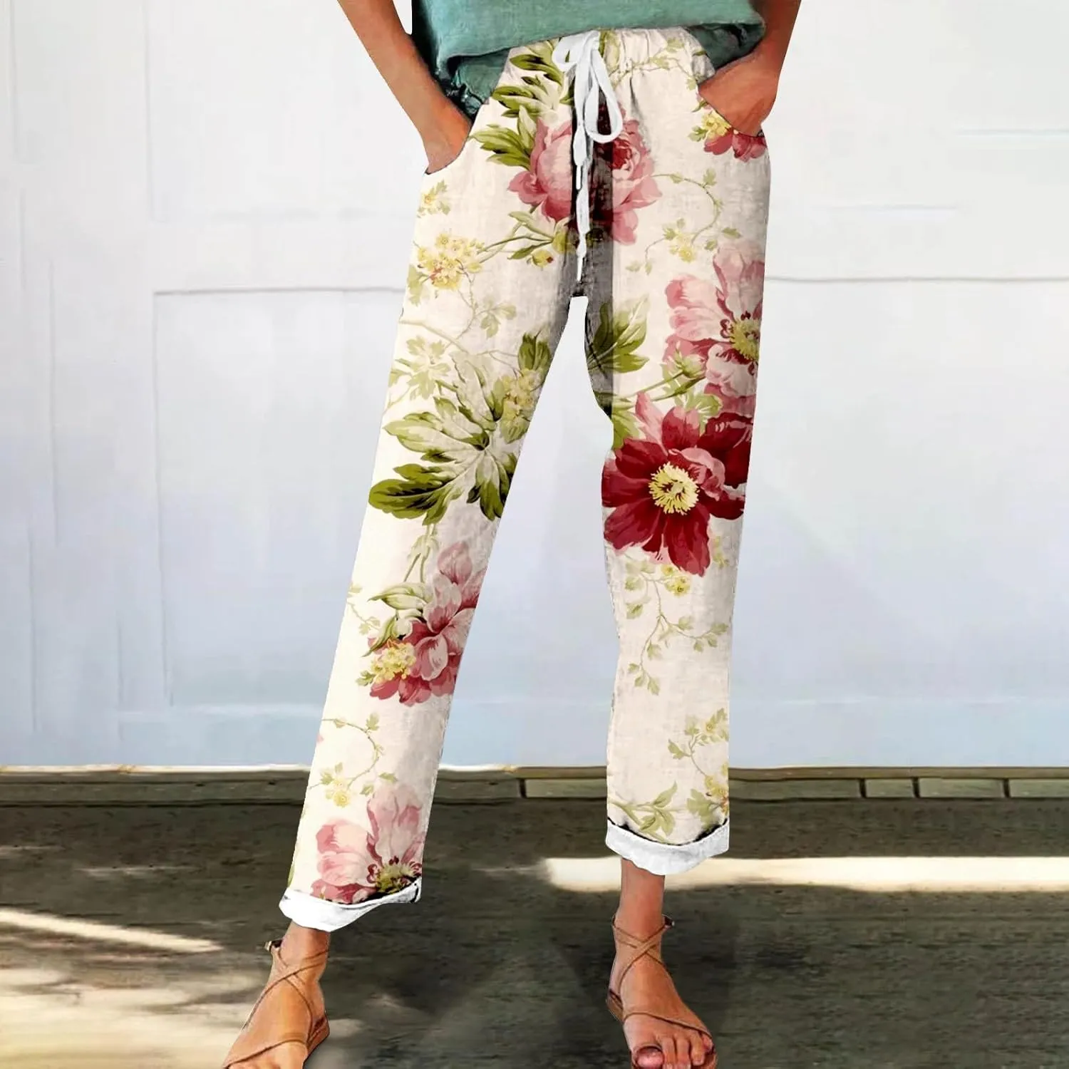 Women's Linen Pants Casual Vintage Tropical Floral Print Elastic High Waist Drawstring Trousers Summer Beach Pants