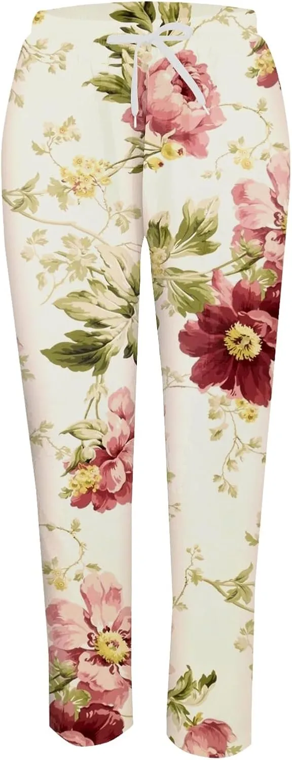 Women's Linen Pants Casual Vintage Tropical Floral Print Elastic High Waist Drawstring Trousers Summer Beach Pants